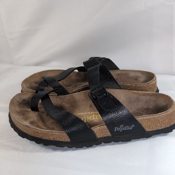 Papillio Birkenstock 38 Tabora Strappy Black Sandals US W 7 245 Pebbled Leather - Picture 2 of 14
